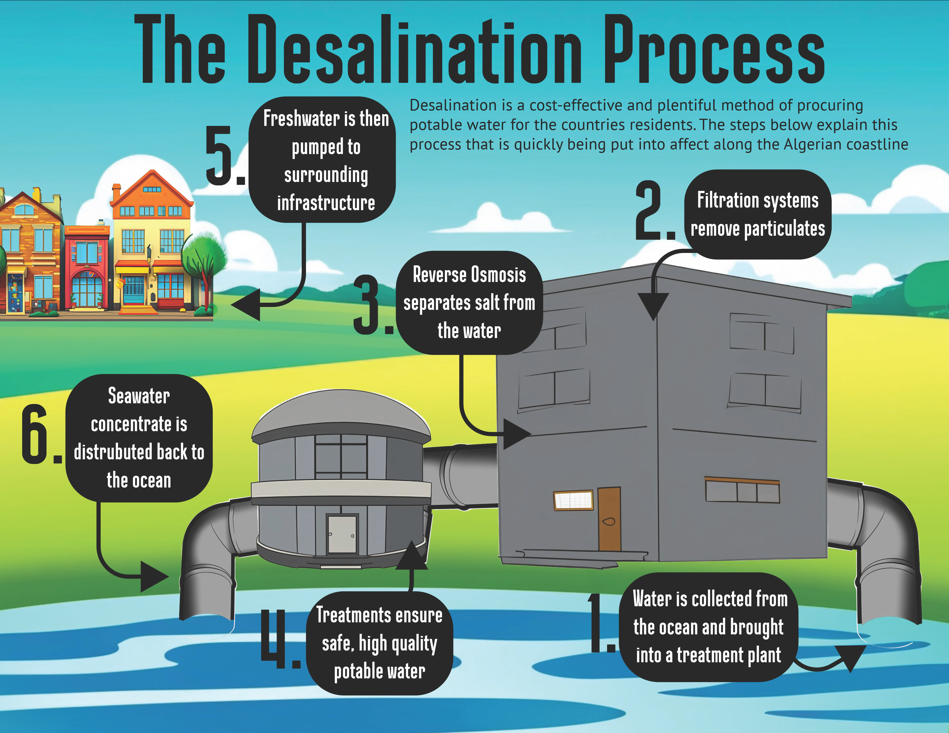 An infographic titled 'The Desalination Process' illustrating the six-step process of converting seawater into potable water. The background features a bright, cartoon-style landscape with a blue sky, rolling green hills, and colorful houses. The main visual elements include a large desalination plant connected to the ocean by pipes. Each numbered step is represented by text bubbles with arrows pointing to relevant parts of the plant:  Water is collected from the ocean and brought into a treatment plant. Filtration systems remove particulates from the water. Reverse osmosis separates salt from the water. The treated water undergoes further purification to ensure it is safe and high quality for drinking. Freshwater is then pumped to surrounding infrastructure, depicted by a row of colorful houses. The remaining seawater concentrate is distributed back into the ocean through an outflow pipe. The visual design uses simplified, cartoon-style illustrations to make the desalination process clear and engaging.