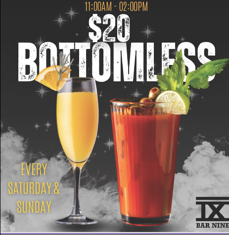 A promotional digital flyer for Bar Nine’s Bottomless Brunch special, running from 11:00 AM to 2:00 PM every Saturday and Sunday. The background features a dark, smoky atmosphere. At the top, the text '$20 BOTTOMLESS' is prominently displayed in large, bold, white letters with a metallic texture. Below, in smaller yellow text, the phrase 'EVERY SATURDAY & SUNDAY' is highlighted. Two cocktails are centered: on the left, a mimosa in a champagne flute garnished with an orange slice, and on the right, a Bloody Mary in a tall glass with garnishes including celery, lime, olives, and a leafy herb. The Bar Nine logo, designed with the Roman numeral 'IX,' is placed in the bottom right corner.