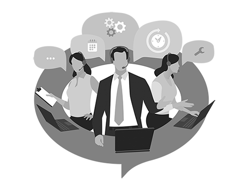 Three customer service representatives wearing headsets and working on laptops surrounded by speech bubbles indicating communication.