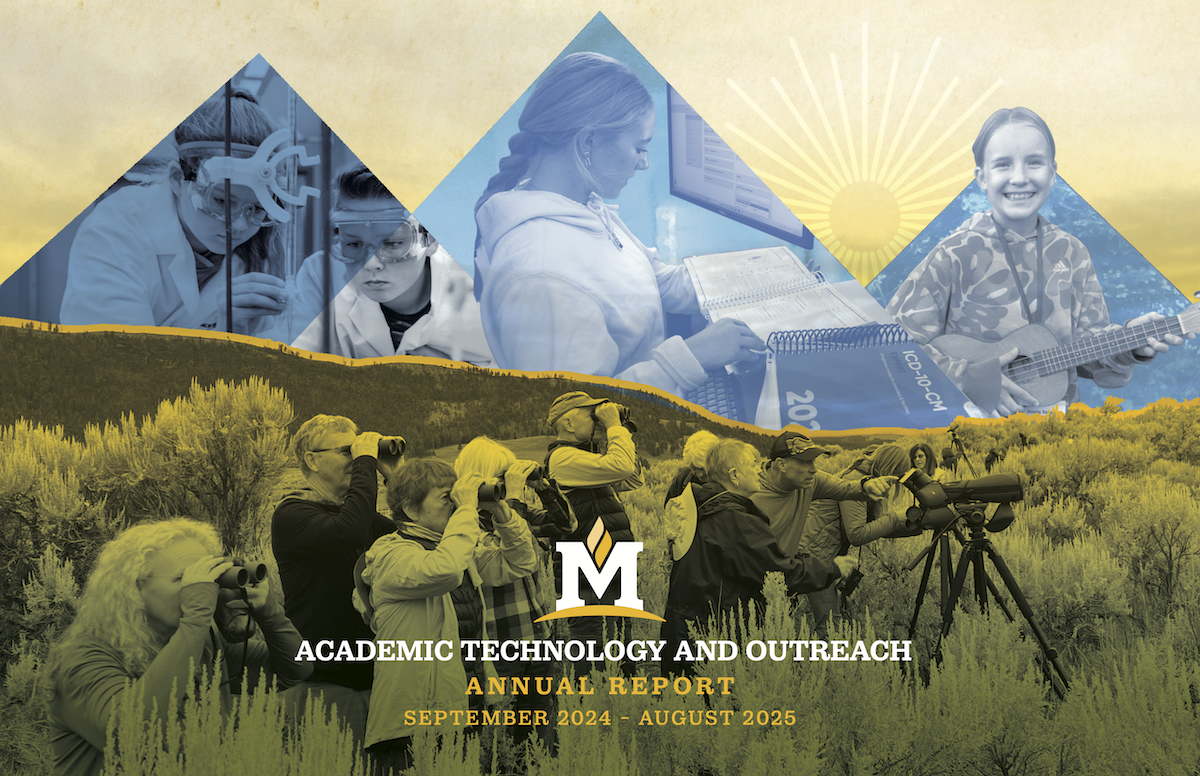 2024-2025 ATO annual report cover -- kids superimposed on mountain silhouettes on top, group of adults outdoors in field with binoculars on the bottom.