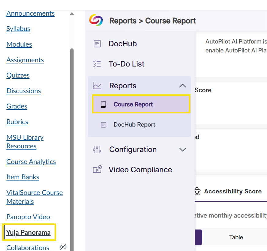YuJa Panorama dashboard with reports outlined in yellow